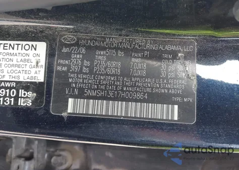 2007 Hyundai Santa Fe Limited/Se from USA, damaged, VIN 5NMSH13E17H009864